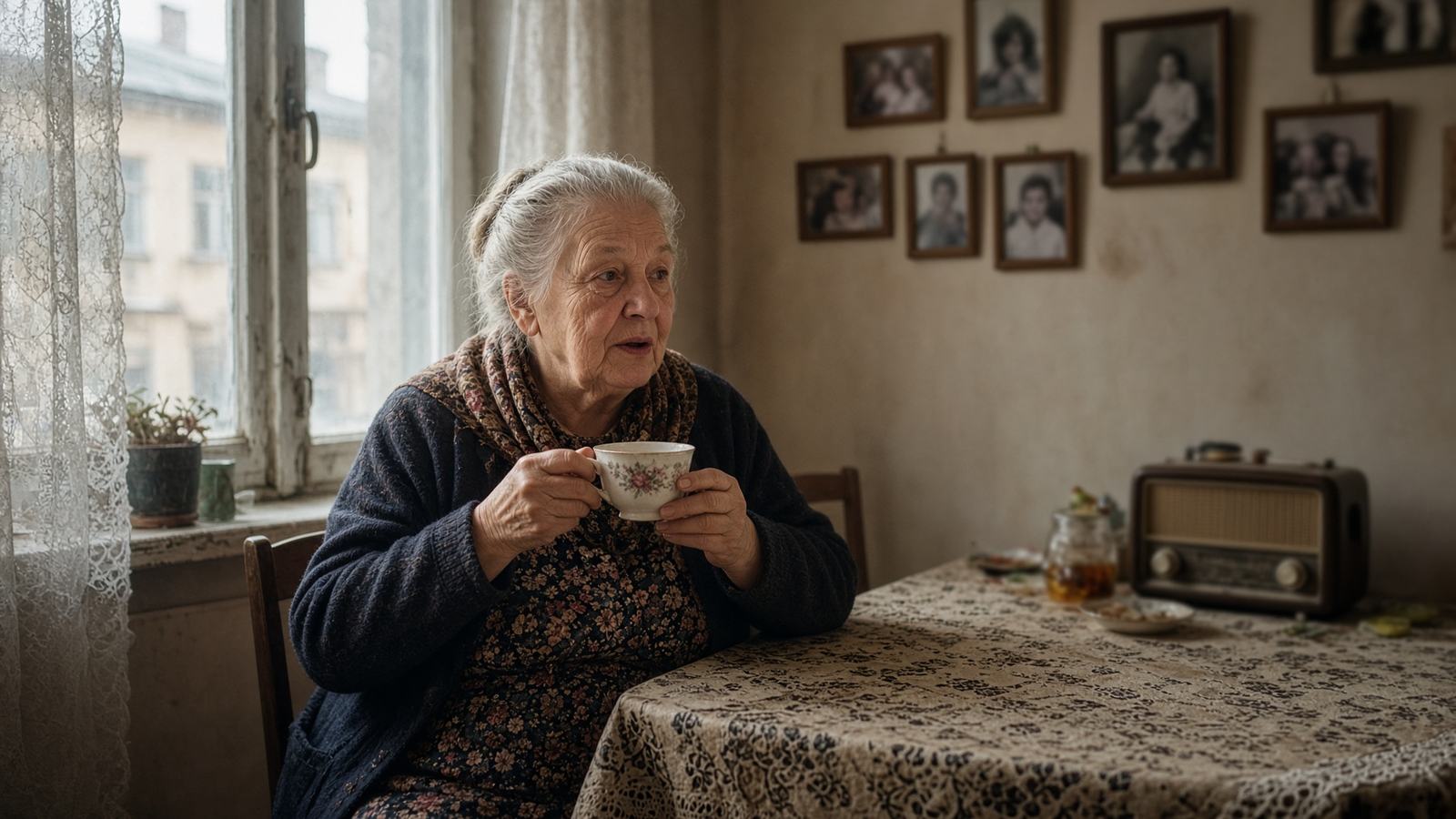 Женщина у кухонного окна с чашкой чая — настроение семейной съёмки