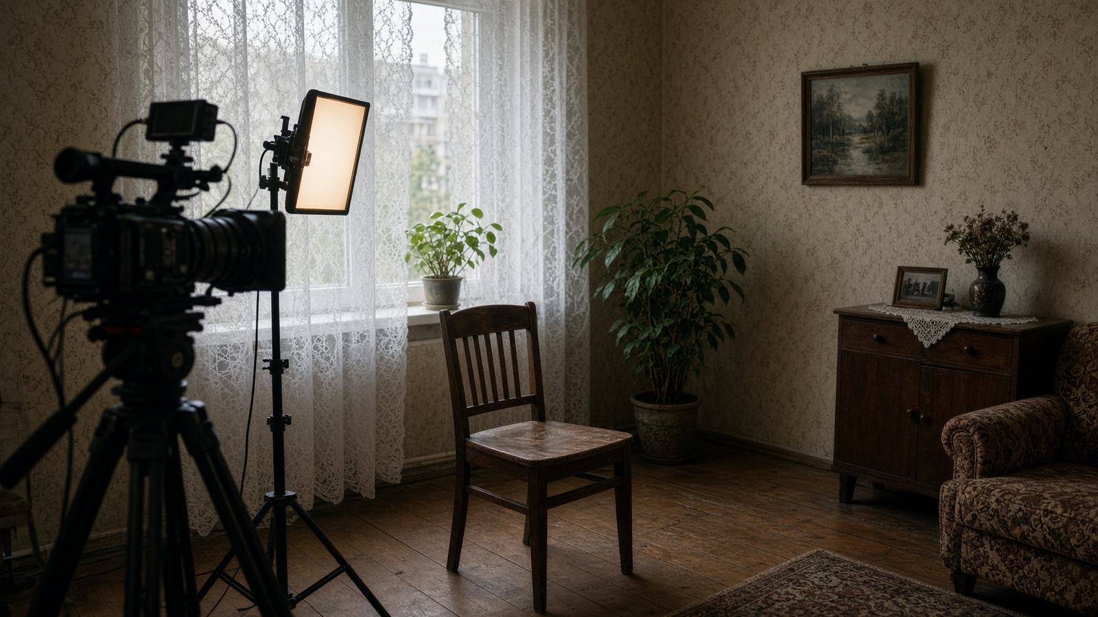 Кресло у окна и камера на штативе перед записью интервью
